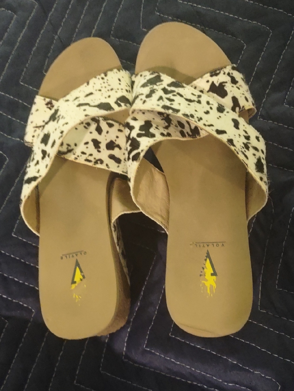 Volatile Tan Slide Sandals with Black & White Cow-Print Straps
